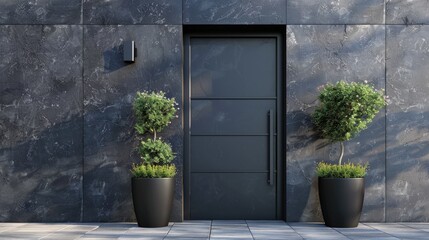 Black front door with plants, facade of a modern building with modern door.