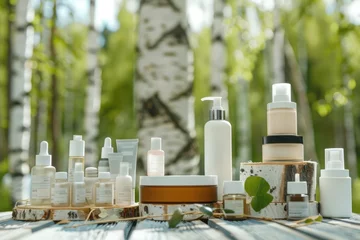 Foto op Plexiglas Set of skincare beauty cosmetic products stand on podium birch forest. © kardaska
