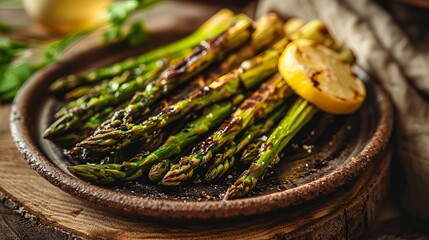 Rustic Plate with Grilled Asparagus and Lemon, Freshly Cooked - obrazy, fototapety, plakaty