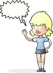 cartoon waving woman with speech bubble
