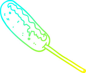cold gradient line drawing of a cartoon hotdog on a stick