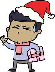 hand drawn line drawing of a man sweating wearing santa hat
