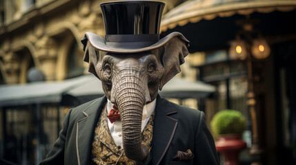 dignified elephant in a tailored three-piece suit, complete with a bowler hat and a monocle. Against a backdrop of Victorian architecture, it exudes old-world charm and sophistication. Mood: refined a - obrazy, fototapety, plakaty