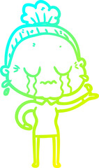 cold gradient line drawing of a cartoon crying old lady
