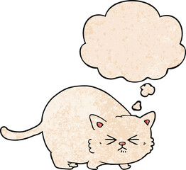 cartoon angry cat with thought bubble in grunge texture style