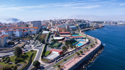 Aerial view of the city waterfront and ocean. La Coruña, Galicia, Spain.
