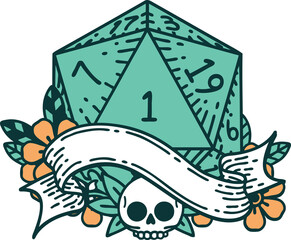 Retro Tattoo Style natural one d20 dice roll