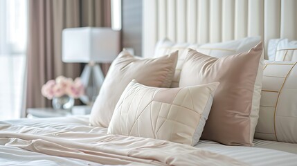 Fototapeta na wymiar Luxury beautiful pillow decoration on bed in bedroom
