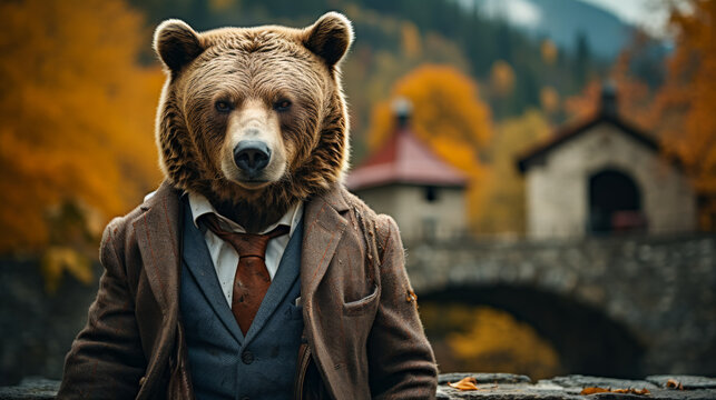 Picture a dignified bear in a tweed blazer, paired with a wool scarf and leather gloves. Against a backdrop of autumn foliage, it exudes rugged elegance and outdoor sophistication. The atmosphere: rus