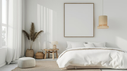 A pristine white bedroom infused with soft sunlight, creating a calming minimalist haven.