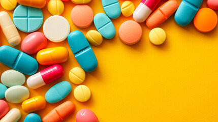 Top view: Array of colorful pills on a yellow surface, depicting diverse medications and treatments available