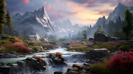 panoramic view of a mountain river in the mountains at sunset - obrazy, fototapety, plakaty