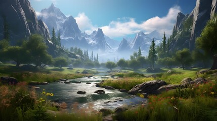 Naklejka na ściany i meble Beautiful panoramic view of the mountain river. Digital painting.