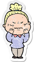 distressed sticker of a cartoon annoyed old lady