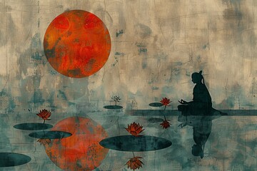 Illustrate a serene scene of an individual in a meditative pose by a tranquil body of water at dawn. The background  rising sun casting a soft glow over the scene, with gentle lotus flowers.