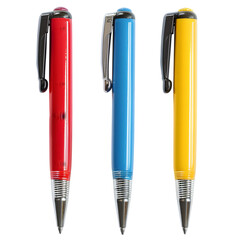 Three Different Colored Pens Arranged Neatly, Isolated on a Transparent Background