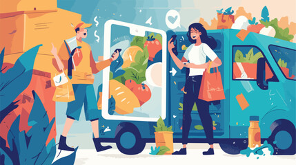 Buying fresh food use mobile app illustration 2d fl