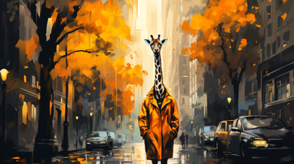 A chic giraffe struts in a designer trench coat, with a silk scarf fluttering in the wind. Against a backdrop of city lights, it exudes elegance and urban charm. The mood: sophisticated and cosmopolit - obrazy, fototapety, plakaty