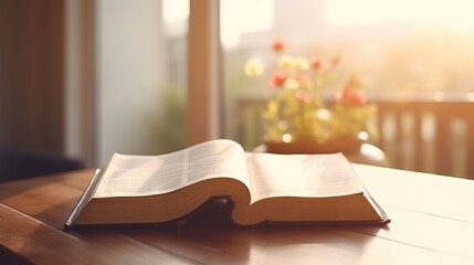 Bible book opened on wooden table with sunset light background. to learn to understand the Bible in...