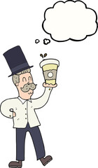 freehand drawn thought bubble cartoon man with coffee cup