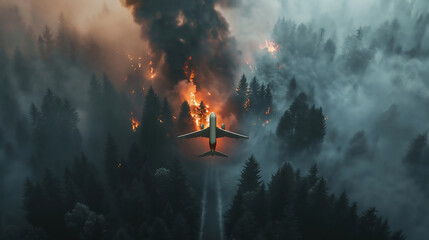 airplane shot, forest fire. A plane flies over a burning forest