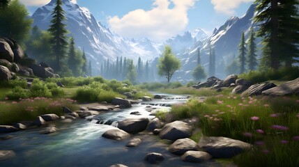 Mountain river panoramic landscape with forest and mountains in background