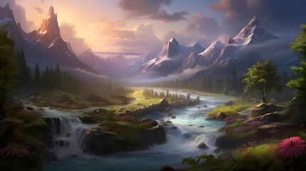 Panoramic view of a mountain river in a foggy valley.