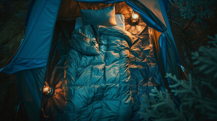 Overhead view of a comfortable sleep setup in an open tent surrounded by night ambiance and soft lighting