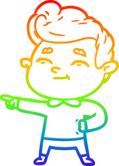 rainbow gradient line drawing of a happy cartoon man pointing