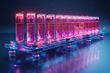 Abstract polygonal test tube rack with a future technological theme on a blue background. Polygon icon for a chemical laboratory. Science and chemistry concept. Glass lab flask