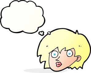 cartoon surprised female face with thought bubble