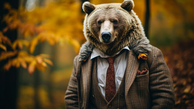 Picture a dignified bear in a tweed blazer, paired with a wool scarf and leather gloves. Against a backdrop of autumn foliage, it exudes rugged elegance and outdoor sophistication. The atmosphere: rus