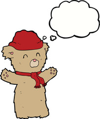 cartoon teddy bear in hat and scarf with thought bubble