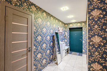 standard room interior apartment. room doors, renovation corridor lobby entrance hall