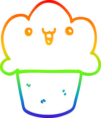 rainbow gradient line drawing of a cartoon cupcake with face