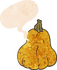 cartoon squash with speech bubble in grunge distressed retro textured style