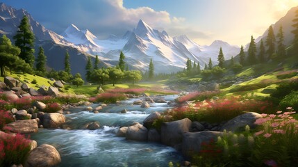 Beautiful panoramic view of alpine meadow and river - obrazy, fototapety, plakaty