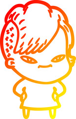 warm gradient line drawing of a cute cartoon girl with hipster haircut