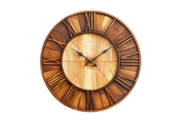 A wooden clock with intricate Roman numerals stands out against a clean white background