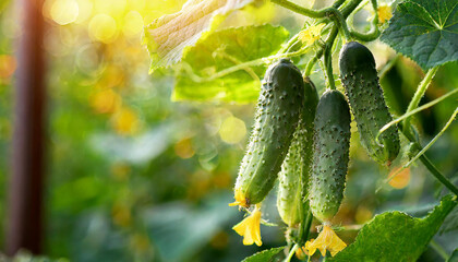 Ripe cucumbers on green bush in greenhouse. Organic agriculture. Natural and healthy garden food.