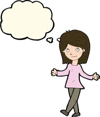 cartoon woman with no worries with thought bubble