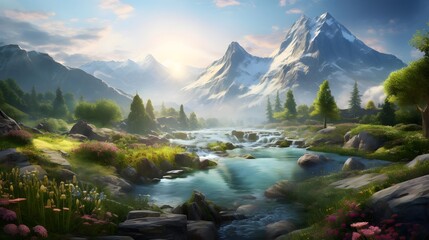 Panoramic view of the mountain river. Beautiful spring landscape.