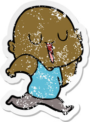 distressed sticker of a happy cartoon bald man