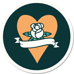 sticker of tattoo in traditional style of a heart rose and banner