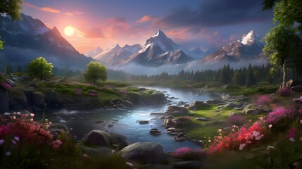Beautiful panoramic view of a mountain river at sunset with pink flowers