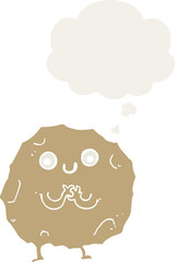 cartoon rock character with thought bubble in retro style