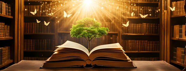 The concept of education by planting a tree of knowledge in the opening of an old book in the library and the magical magic of light that flies to the destination of success. Beautiful background 
 - obrazy, fototapety, plakaty