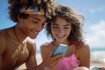 Multiracial friends looking at mobile phone outdoors in the beach. Generative AI.