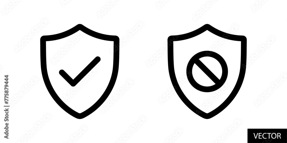 Poster shield check mark, tick mark symbol, shield with block sign, restriction shield icons in line style 