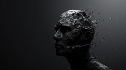 Shattered statue portrait with obscured face - A conceptual image showing a shattered statue with intricate details, partially obscured by a gray rectangle